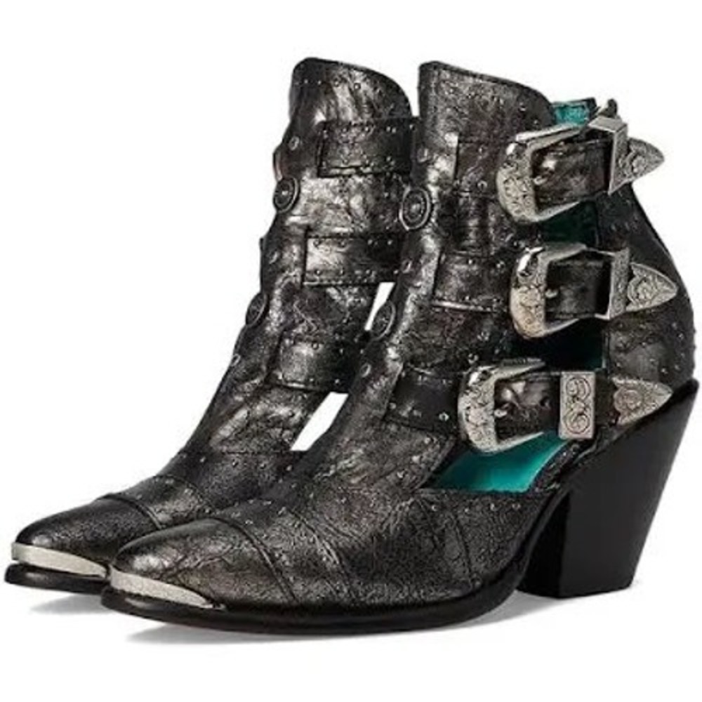 NEW Corral Womens Studded Metallic Triple Buckle Western Booties Black Silver 9